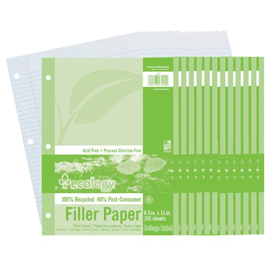 Ecology&#xAE; 8.5&#x22; x 11&#x22; Recycled Filler Paper, 12 Packs of 150